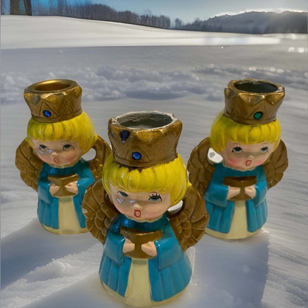 Vintage Ardco Japan Angel Candleholder Set of 3 7” Tall Porcelain Collectible